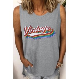 Gray Vintage Graphic Crew Neck Tank Top