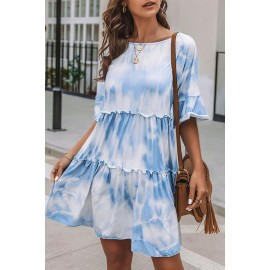 White Crew Neck Tie Dye Half Sleeve Dress