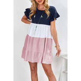 Pink Ruffled Sleeve Tiered Color Block Mini Dress