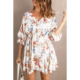 White V Neck Flounce High Waist Floral Mini Dress