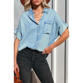 Sky Blue Denim Buttoned Short Sleeve Shirt with Pocket